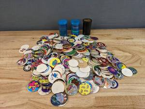 lot 117 image: Large Assortment of PogsMilk Caps and (2) Small Storage Canisters E
