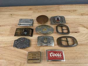 lot 117A image: (11) Assorted Belt Buckles - Coors, Harley Davidson, Soccer, Cowboy Themed, and more E