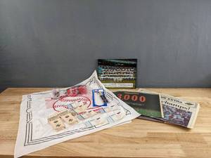 lot 148 image: Vintage Minnesota Twins Tickets, Homer Hanky, Key Chain, (3) Newspapers E
