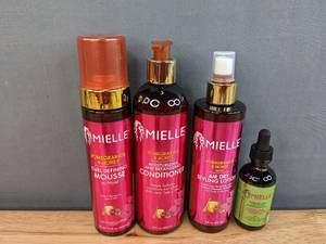 lot 40A image: Brand New Mielle Hair Products Pomegranate & Honey Curl Defining Mousse, Conditioner, Air Dry Styling Lotion, & Rosemary Mint Strengthening Oil Retail Value $45.00 I