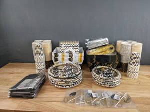 lot 174 image: Collection of Black-White-Gold Graduation Party Supplies - Plates, Cups, Decor, and more F