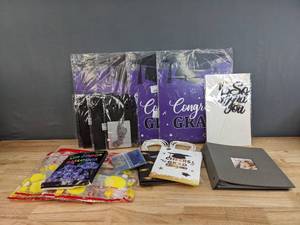 lot 176 image: Graduation Party Items - Purple Signs, Photo Banner, Gift Bags, Balloons, and more F