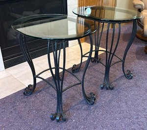 lot 9 image: Pair of Scroll Footed Glass Top Accent Tables