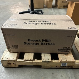 lot 28 image: MSRP $400  1 Case (144 bottles per case) NEW Strong Babies System 51950 (3-Per Individual Package) 4 fl oz. Plastic Breast Milk Storage Bottles with Caps Box - Has Corner Damage