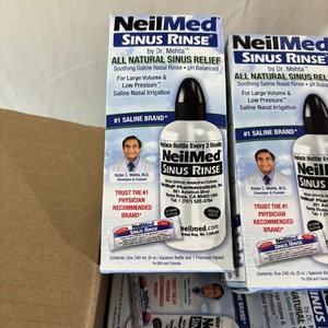 lot 36 image: 1 Case NEW NeilMed M100123 Sinus Rinse by Dr. Mehta All Natural Sinus Relief Soothing Saline Solution - 8 oz. Squeeze Bottles and Premixed Packet Plus Coupons Packs - Expiration 1027 