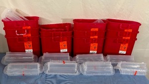 lot 128 image: Lot of 11 NEW Medegen 8708 5.4 qt. Stackable Sharps-Tainer Polypropylene Biohazard Waste Container Bin with Translucent Lid - Red