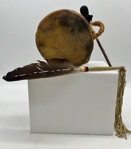 Vintage Rawhide Drum and Sage Smudge Feather
