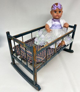 Antique Vintage Primitive Wooden Toy Rocking Cradle with Effanbee Doll