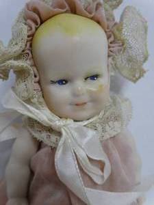 Vintage Bisque Penny Doll Baby Doll with Dressing Gown & Bonnet