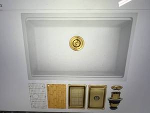 lot 23 image: Lonsince White Kitchen Sink with Gold Accessories - 28 L x 18 W x 9.5 H