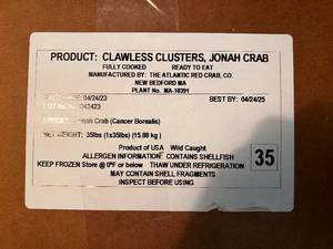 C. 35lbs-Fully Cooked Clawless Clusters, Jonas Crab