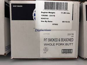 K. 11.80lbs Fully Cooked Whole Pork Butt Pit Smoked & Seansoned