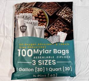 100 Mylar Bags(3 sizes), Oxygen Absorbers & Labels