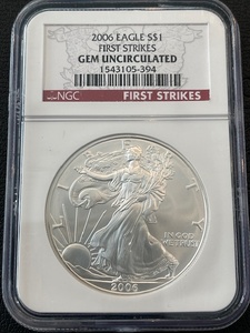 lot 11 image: 2006 Silver Eagle NGC Gem Uncirculated First Strike