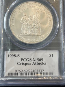 lot 52 image: 1998-S Crispus Attucks Dollar Silver PCGS MS69 Only 37,210 Minted