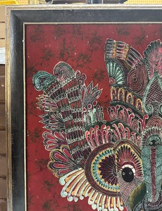 Vintage Framed Large Painted Textile with Tribal Bird - Sri Lanka