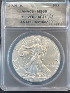 lot 9 image: 2016-S Silver Eagle ANACS MS69