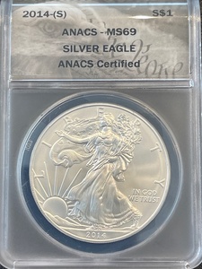 lot 14 image: 2014-S Silver Eagle ANACS MS69