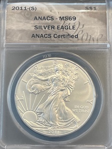 lot 20 image: 2011-S Silver Eagle ANACS MS69