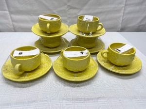 7 Vintage Yellow Coffee Cups and Matching Saucers
