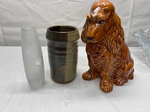 Lot of 3 Misc glass vase, pottery vase, and Glazed Dog