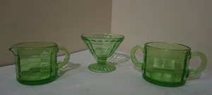 lot 51 image: Vintage Uranium Green Glass Cream Sugar Pedestal Candy Dish
