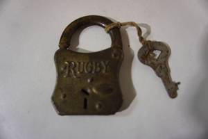 lot 58 image: Antique Padlock and Key RUGBY