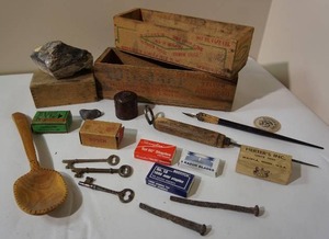 lot 61 image: Vintage ADVERTISING Wood Cheese Box, Keys, Trinkets Etc.
