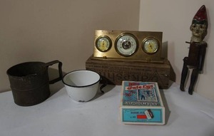 lot 62 image: Collectible Cast Toy, Brass Barometer, Sifter, Wood Box Etc.