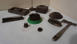 lot 63 image: Collectible Metal Flower Frogs, Dangerous Letter Pick Punch Holder, Hatchet Etc.