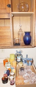 lot 94 image: Collection of Candles and Candles Holders Crystal Clear Glass Votives, Cobalt Blue Swirl Vase Etc