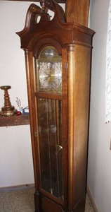 lot 102 image: Beautiful Antique Grandfather Clock Cherry Bordeaux Finish Locking Door BARWICK CLOCKS Division HOWARD MILLER CLOCK COMPANY Tempus Fugit Time Flies...