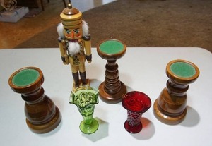 lot 109 image: Nutcracker Natural Wood Hand Crafted Hand Painted Volkskunst Germany Soldier, Wood-Turned Candle Sticks, L. E. Smith Moon & Stars Emerald Green Trumpet Vase, Ruby Red Trumpet Vase Etc.