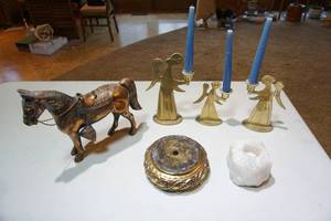 lot 110 image: Brass Copper-Style Horse, Angel Trio Candle Stick Holders Etc.