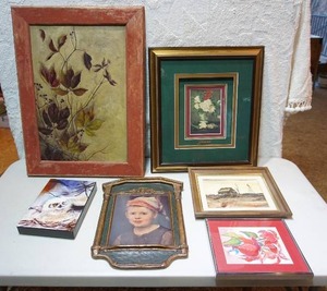 lot 114 image: Vintage Antique Wall Art Portrait of Hansel By Schauss Gesso Plaques Regal Art Co., Manet Bouquet wCOA, Pressed Floral Art Etc...