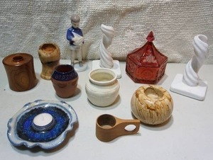 lot 115 image: Collectibles Bing and Grondahl Figurine #2380 Skipper Boy wSailboat Boat Yacht, Westmoreland Glass Lotus Spiral Twist Candle Holders, Tiara Indiana Glass RedPink Hexagon Eagle & Star Design Candy Dish wLid