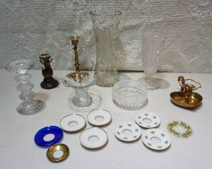 lot 117 image: Collectible Glass Porcelain Brass Candle Sticks, Drip Saucers Etc.