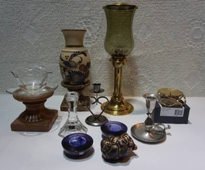 lot 119 image: Collectible Glass Porcelain Brass Silver Candle Sticks Pottery Etc.