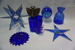 lot 122 image: Collectible Glass Cobalt Blue Celestial Vase Hand-Blown Orb Stain-Glass Art Hanging Star Tin Angel Etc.
