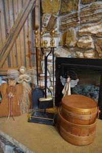 lot 123 image: Brass Black Iron Fireplace Utensil Caddy, Primitive Lidded Bucket