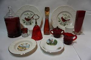 lot 130 image: Collectible Glass Ruby Red Covered Candy Cream & Sugar Enameled Vase Advertising Toothpick Cardinal DeCor Plate