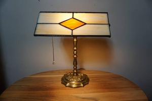 lot 8 image: Antique Brass Stained-Glass Desk Lamp Light