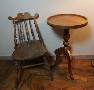 lot 13 image: Vintage Custom-Made Round Occasional Tilt Table Plant Stand, Antique Wood Spindle Chair