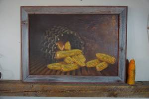 lot 20 image: Vintage Primitive Alfred Montgomery-Style Nailed Canvas Oil Painting Still-Life Basket Cob Corn Cobs Barn Wood Framed, Cob Corn Candle
