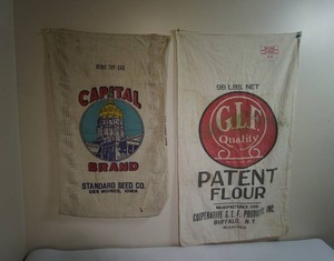 lot 35 image: (2) Advertising Gunny-Sack Feed-Bag Sacks GLF Quality Flour Buffalo N. Y., Capital Brand Standard Seed Des Moines, Iowa