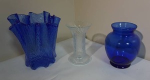 lot 36 image: Cobalt Blue Art Glass Inside Embossed, Hand Blown Blue Glass Vase, Clear Crystal Swirl Flips to Candle Holder