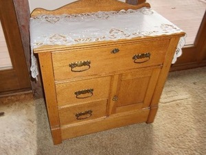 lot 157 image: Antique Oak Dry Sink Wash Stand wWood Wheels Commode Stamped Samuel M. Brimhall Furniture State Centre Iowa...