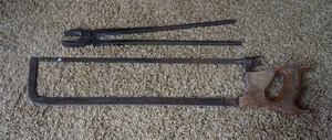 lot 159 image: Vintage Hand Tools...Meat Bone Saw, Pipe Wrench