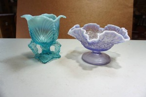 lot 169 image: Antique Northwood Blue Opalescent Uranium Feather Footed Vase 5 14, Westmoreland Compote Bramble Lilac Opalescent Ruffled Pedestal Bowl