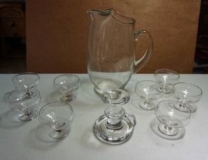 lot 174 image: Collectible Crystal Clear Starburst Etched Pitcher wEtched Compote Sherbet Stemware, RARE Holmegaard Michael Bang Candle Holder Mars or Neptune True Danish Vintage Design 70s...